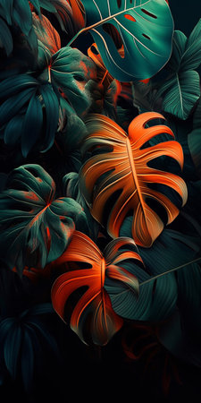 Bunch of green and orange leaves on black background, AI generation, AI, generation.の素材