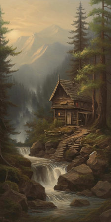 Painting of a hut in the forest in the matte painting style. AI generation, generation, AI, generated, AI generation, AI generation, generation,の素材