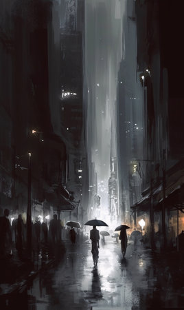 painting of people walking in the rain with umbrellas in night cityの素材