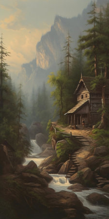 Painting of a hut in the forest in the matte painting style. AI generation, generation, AI, generated, AI generation, AI generation, generation,の素材