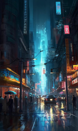 painting of busy city street at night in cyberpunk art style. AI generation, generation, AI, generated, AI generation, AI generation, generation,の素材