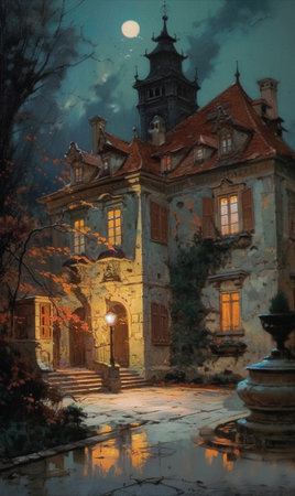 picture of a building illuminated at night by autumn light in an elegant baroque style, AI generation, generation, AI, generated, AI generation, AI generation, generation.の素材
