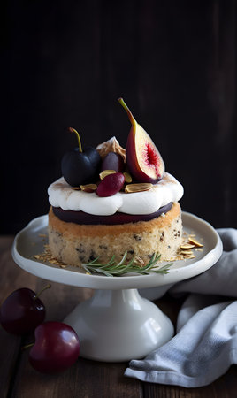 Cake on a white plate with white cream and plum.の素材