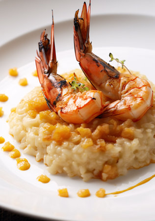 Grilled prawns and poutargue risotto. AI generation, generation, AI, generated, AI generated, AI generative, generative.の素材