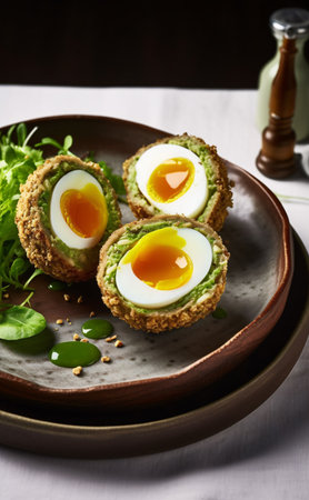 Pea and broad bean scotch eggs. AI generation, generation, AI, generated, AI generation, AI generation, generation,の素材