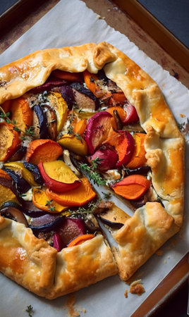 Roasted vegetable galette. AI generation, generation, AI, generated, AI generated, AI generative, generative,の素材