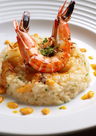 Grilled prawns and poutargue risotto. AI generation, generation, AI, generated, AI generated, AI generative, generative.の素材