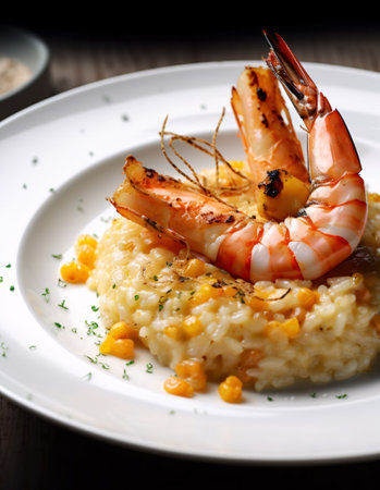 Grilled prawns and poutargue risotto. AI generation, generation, AI, generated, AI generated, AI generative, generative.の素材