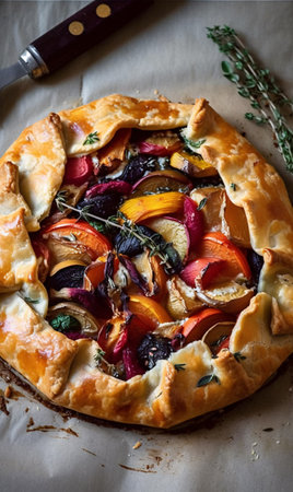 Roasted vegetable galette. AI generation, generation, AI, generated, AI generated, AI generative, generative,の素材