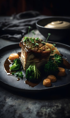 close-up of a plate with beef tenderloin copernicus medallion food on the table. AI generation, generation, AI, generated, AI generated, AI generative, generative,の素材