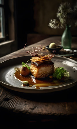 close-up of a plate with beef tenderloin copernicus medallion food on the table. AI generation, generation, AI, generated, AI generated, AI generative, generative,の素材