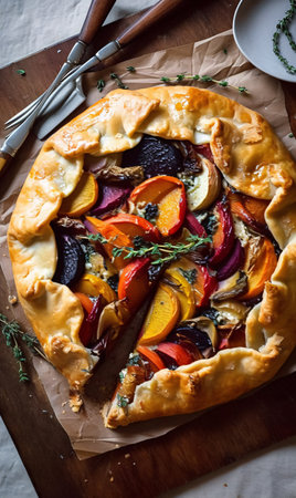 Roasted vegetable galette. AI generation, generation, AI, generated, AI generated, AI generative, generative,の素材