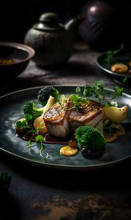 close-up of a plate with beef tenderloin copernicus medallion food on the table. AI generation, generation, AI, generated, AI generated, AI generative, generative,の素材