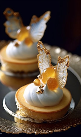Close-up of two desserts with white curd and cream on a plate. AI generation, generation, AI, generated, AI generated, AI generative, generative.の素材