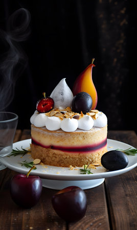 Cake on a white plate with white cream and plum.の素材