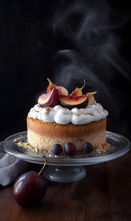 Cake on a white plate with white cream and plum.の素材