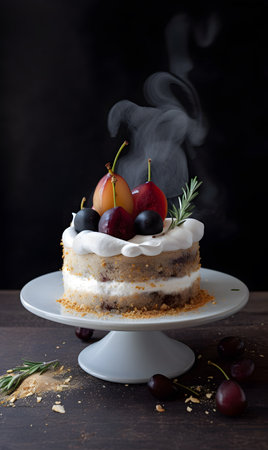 Cake on a white plate with white cream and plum.の素材