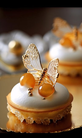 Close-up of two desserts with white curd and cream on a plate. AI generation, generation, AI, generated, AI generated, AI generative, generative.の素材