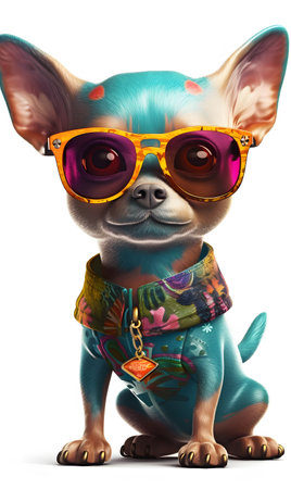 a cute chihuahua character wearing sunglasses with colorful tattoos on its body. AI generation, generation, AI, generated, AI generated, AI generative, generative,の素材