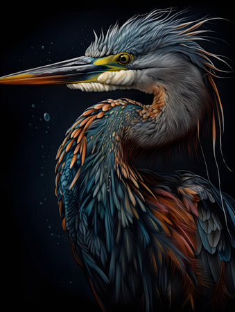 Heron bird detailed image on black background in the rain. AI generation, generation, AI, generated, AI generated, AI generative, generative.の素材