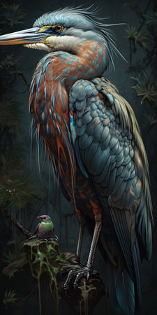 Heron bird detailed image on black background in the rain. AI generation, generation, AI, generated, AI generated, AI generative, generative.の素材