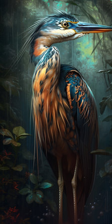 Heron bird detailed image on black background in the rain. AI generation, generation, AI, generated, AI generated, AI generative, generative.の素材