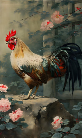 Painting with a rooster sitting on the windowsill. AI generation, generation, AI, generated, AI generated, AI generative, generative.の素材