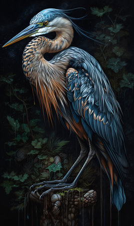 Heron bird detailed image on black background in the rain. AI generation, generation, AI, generated, AI generated, AI generative, generative.の素材