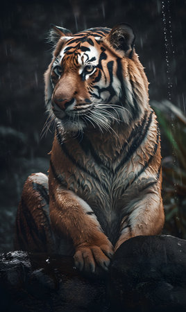 Tiger sitting on a rock in the rain. AI generation, generation, AI, generated, AI generated, AI generative, generative.の素材