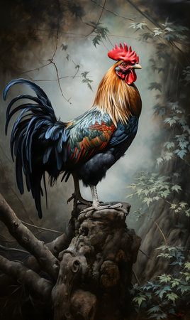 Colorful rooster sitting on a tree branch. AI generation, generation, AI, generated, AI generated, AI generative, generative.の素材
