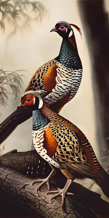 Pair of pheasant birds sitting on top of a tree branch. AI generation, generation, AI, generated, AI generated, AI generative, generative.の素材