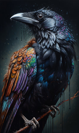 Crow bird on black background detailed painting. AI generation, generation, AI, generated, AI generated, AI generative, generative.の素材