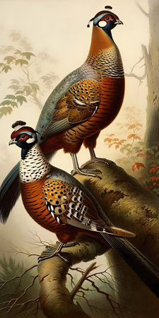 Pair of pheasant birds sitting on top of a tree branch. AI generation, generation, AI, generated, AI generated, AI generative, generative.の素材