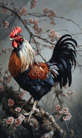 Colorful rooster sitting on a tree branch. AI generation, generation, AI, generated, AI generated, AI generative, generative.の素材