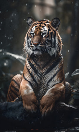 Tiger sitting on a rock in the rain. AI generation, generation, AI, generated, AI generated, AI generative, generative.の素材