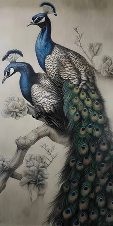 Detailed drawing of a pair of peacocks sitting on top of a tree branch. AI generation, generation, AI, generated, AI generated, AI generative, generative.の素材