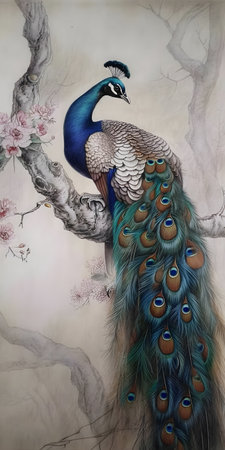 Detailed drawing of a pair of peacocks sitting on top of a tree branch. AI generation, generation, AI, generated, AI generated, AI generative, generative.の素材