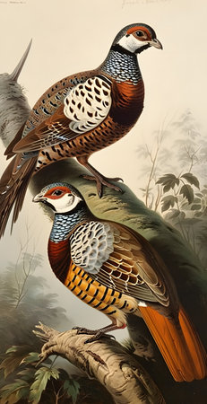 Pair of pheasant birds sitting on top of a tree branch. AI generation, generation, AI, generated, AI generated, AI generative, generative.の素材