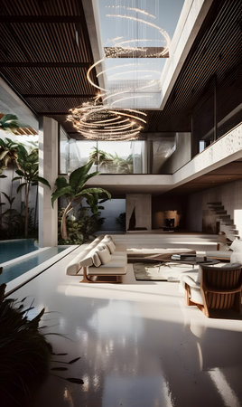 living room with lots of furniture next to the pool and tropical lighting, digital visualization. AI generation, generation, AI, generated, AI generated, AI generative, generative.の素材