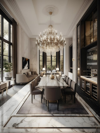 dining room living room with dining table filled with furniture and chandelier with luxurious kitchen design. AI generation, generation, AI, generated, AI generated, AI generative, generative.の素材