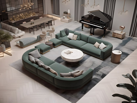 living room filled with furniture and piano in green color scheme top view from an angle. AI generation, generation, AI, generated, AI generated, AI generative, generative.の素材