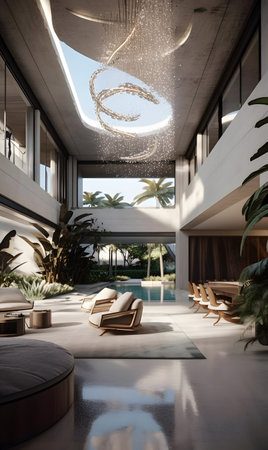 living room with lots of furniture next to the pool and tropical lighting, digital visualization. AI generation, generation, AI, generated, AI generated, AI generative, generative.の素材