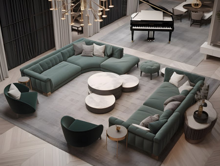 living room filled with furniture and piano in green color scheme top view from an angle. AI generation, generation, AI, generated, AI generated, AI generative, generative.の素材