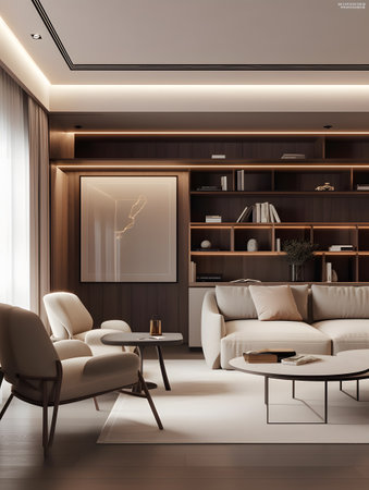 living room with sofa, chair and table, in the modern trend computer graphics and brown and beige colors. AI generation, generation, AI, generated, AI generated, AI generative, generative.の素材