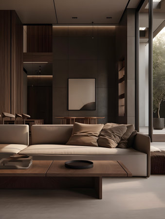 living room with sofa and coffee table in contemporary style in brown color palette inspired. AI generation, generation, AI, generated, AI generated, AI generative, generative.の素材
