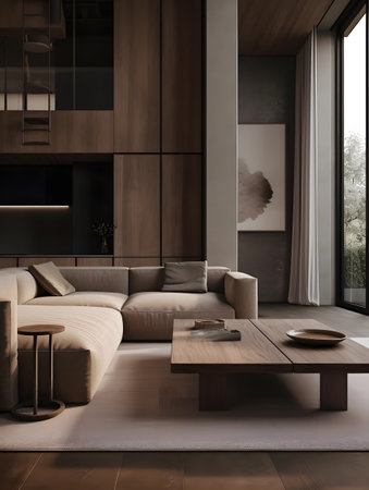 living room with sofa and coffee table in contemporary style in brown color palette inspired. AI generation, generation, AI, generated, AI generated, AI generative, generative.の素材