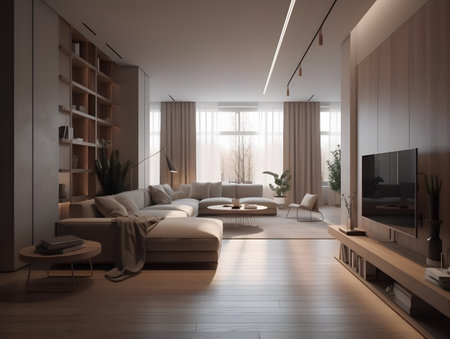 living room in beige color scheme filled with trendy furniture and a large window. AI generation, generation, AI, generated, AI generated, AI generative, generative.の素材