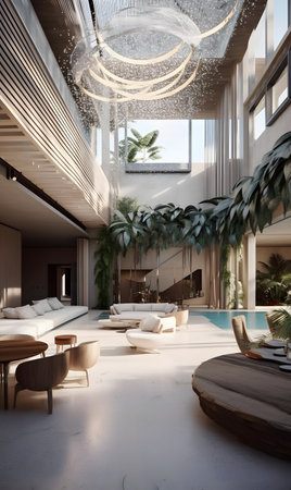 living room with lots of furniture next to the pool and tropical lighting, digital visualization. AI generation, generation, AI, generated, AI generated, AI generative, generative.の素材
