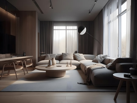 living room in beige color scheme filled with trendy furniture and a large window. AI generation, generation, AI, generated, AI generated, AI generative, generative.の素材
