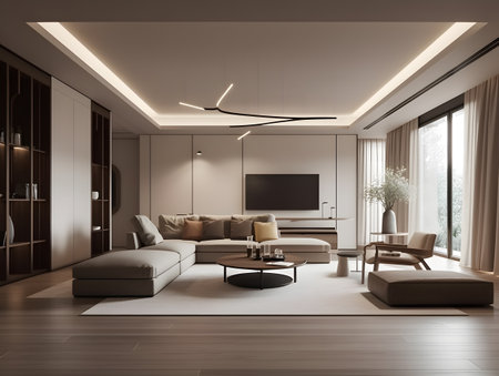 living room in beige color scheme filled with trendy furniture and a large window. AI generation, generation, AI, generated, AI generated, AI generative, generative.の素材
